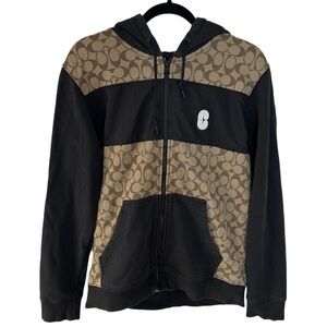 COACH men's black + brown monogram hooded full zip jacket, M.